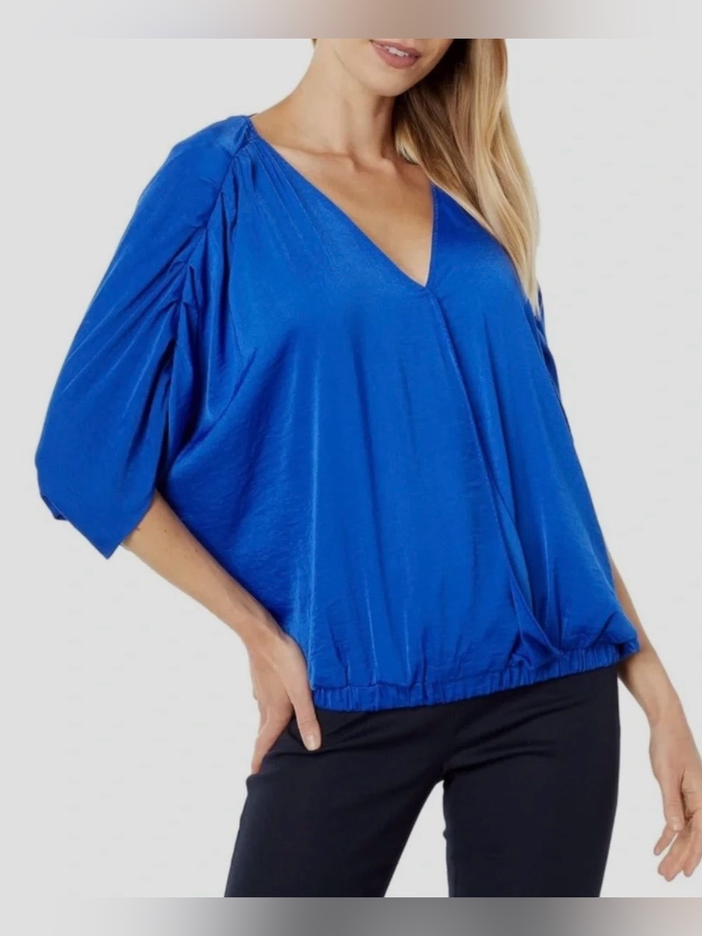 Vince Camuto Dolman Sleeve Fold Front V-Neck Rumple in Cobalt Blouse Size XL